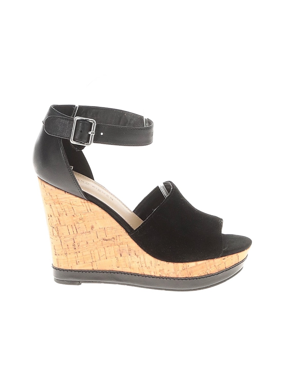 Marc Fisher Black Suede and Cork Wedge Sandals with Ankle Buckle